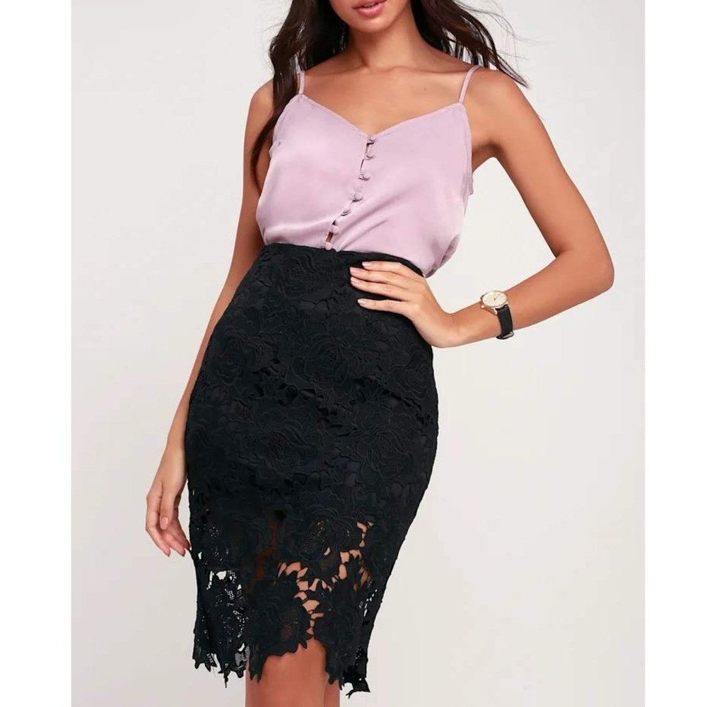 Lulus Lace Pencil Skirt S Black Floral Guipure Cocktail Party Romantic Feminine